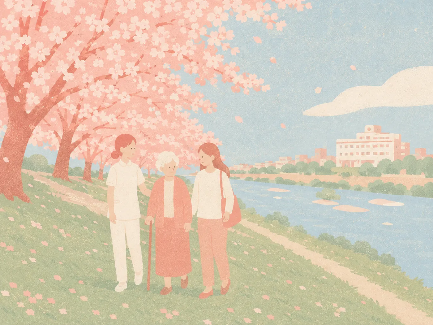 桜並木の川辺を歩く人たちと、対岸に見える建物のイラスト