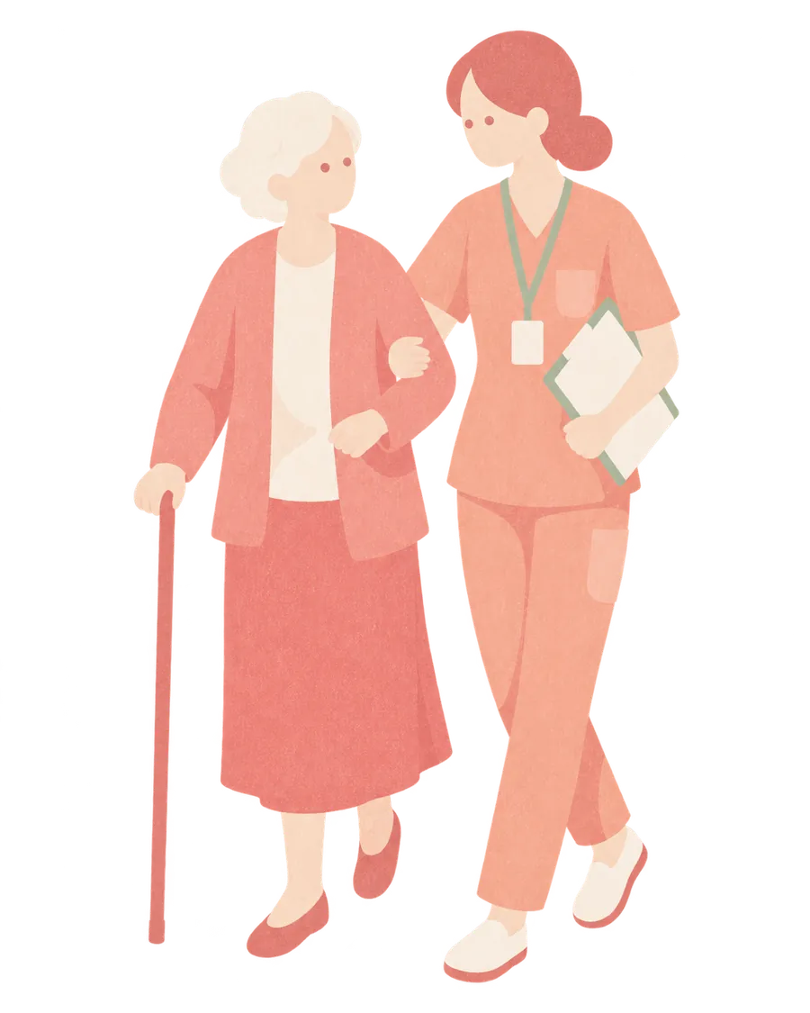 患者さんに寄り添って歩く職員のイラスト